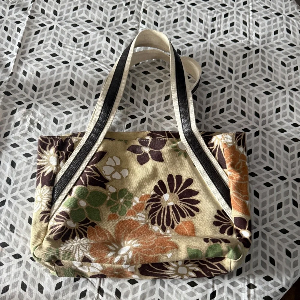 Retro Y2k Hawaiian Floral‎ Canvas Tote Bag Earthy Brown 70s Style Shoulder Bag